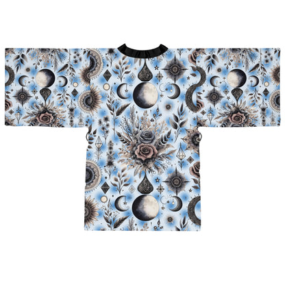 Floral Kimono Robe - Women's Robe, showcasing a luxurious all-over floral pattern combined with celestial elements, ideal for relaxed designer lounge wear.