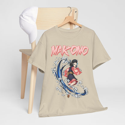 Chic Makomo Anime T-shirt styled on a wooden chair with a white cap, showcasing the stunning water splash design and premium fabric, ideal for casual outings and distinctive streetwear.