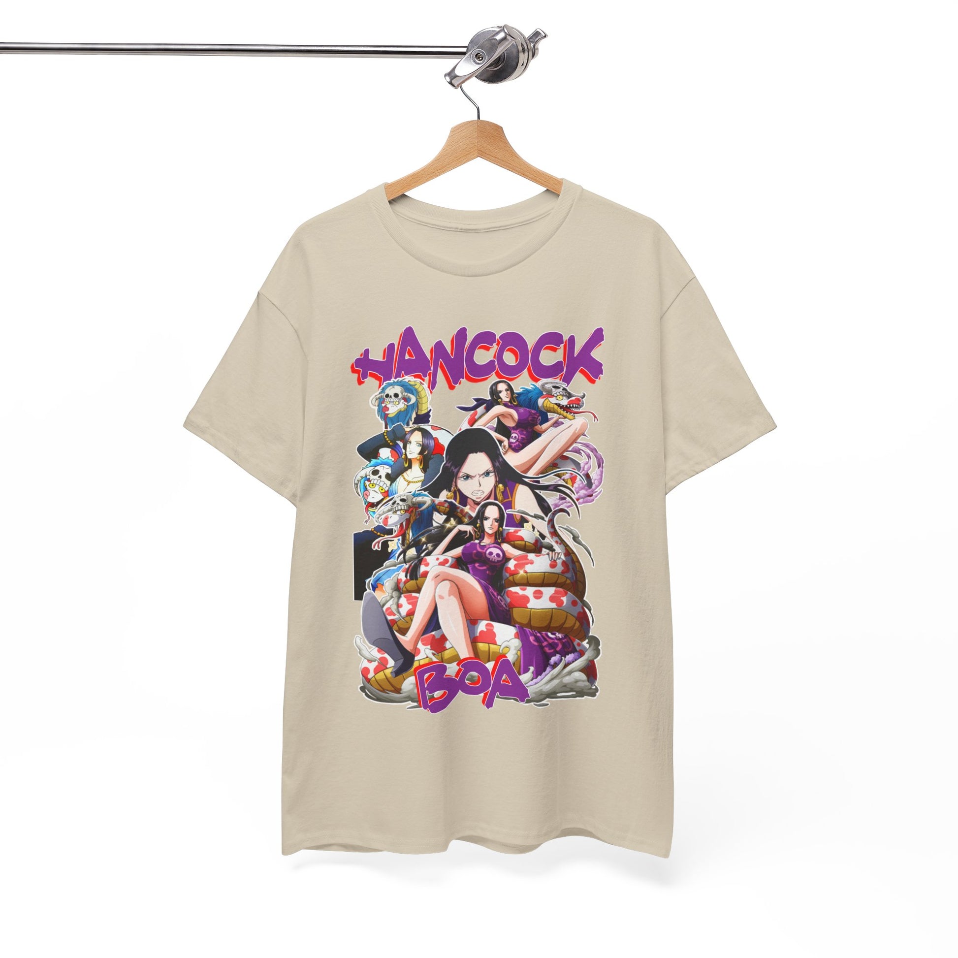 Chic Boa Hancock T-Shirt elegantly displayed on a hanger, highlighting its premium quality and eye-catching design.