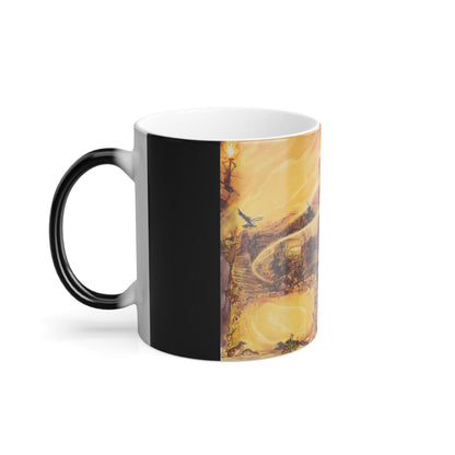 Side view of the Discworld Color Of Magic Heat Change Mug with stunning illustrations alongside a sleek black design, ideal for luxury tea and coffee moments.