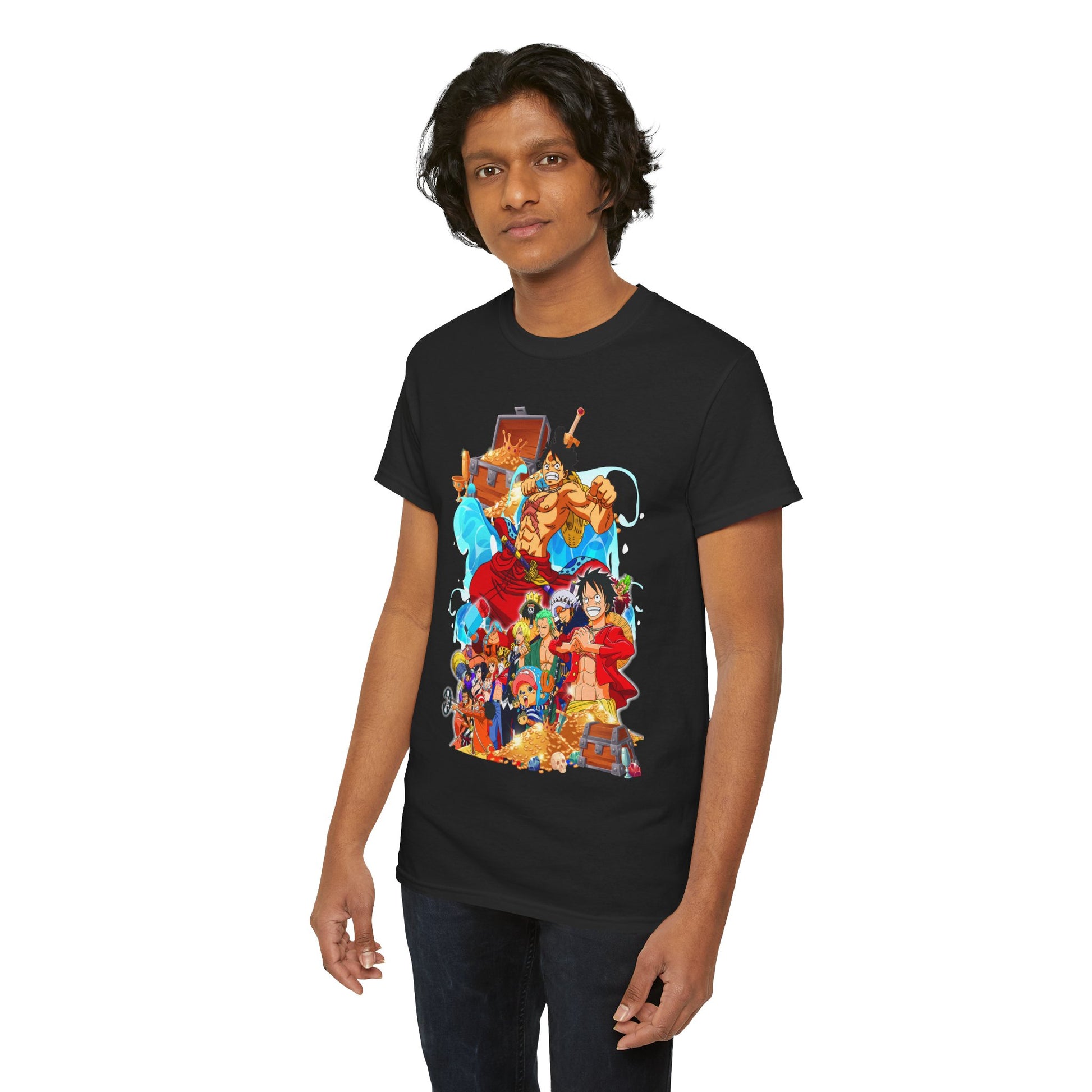Charming young man in a classic black t-shirt featuring a dynamic anime graphic, representing adventure and camaraderie, offering a fashionable choice for anime enthusiasts.