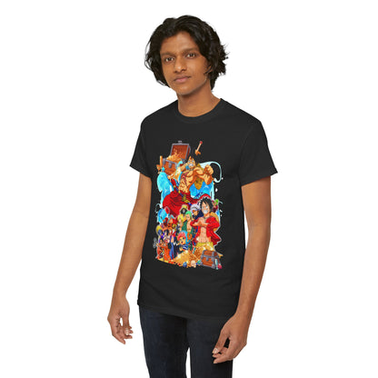 Charming young man in a classic black t-shirt featuring a dynamic anime graphic, representing adventure and camaraderie, offering a fashionable choice for anime enthusiasts.