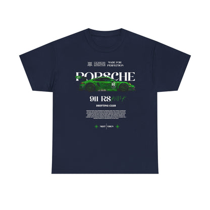 Chic navy Porsche 911 RS men's t-shirt featuring a bold green car graphic and elegant typography, ideal for discerning individuals passionate about motorsport culture.