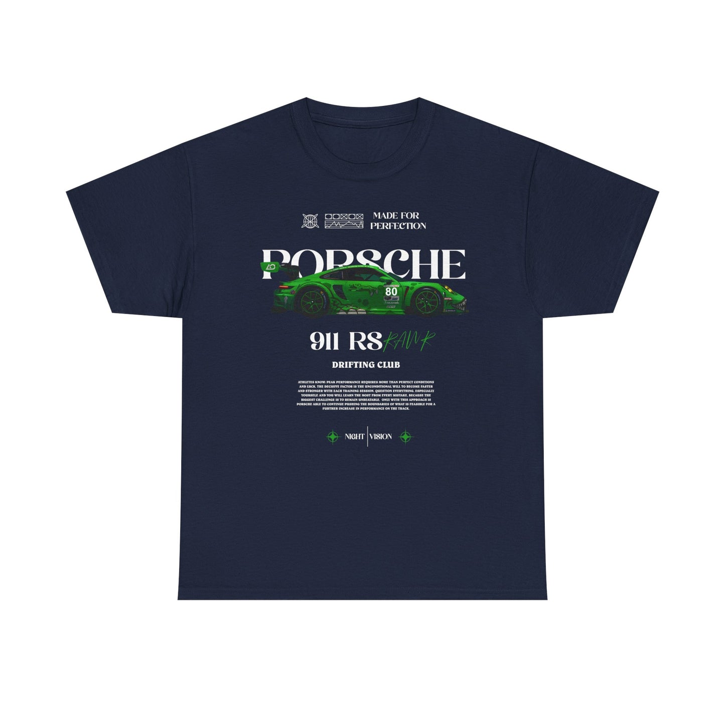 Refined navy Porsche 911 RS men's t-shirt featuring a vivid illustration of a green sports car, detailed with striking typography celebrating the drift community.