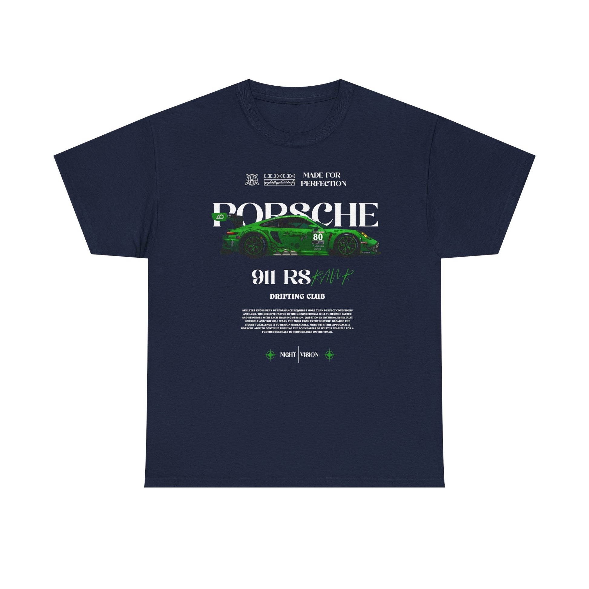 Sophisticated navy men's t-shirt featuring an intricate design of a green Porsche 911 RS, paired with 'DRIFTING CLUB' lettering, ideal for fashion-forward automotive fans.