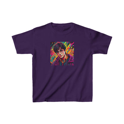 Kids Harry Potter Heavy Cotton Tee in deep purple, showcasing a charming artist's rendition of a young wizard, ideal for magical adventures.