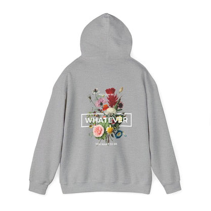 Chic grey hoodie adorned with a vibrant floral back print featuring the bold statement 'WHATEVER', perfect for those who embrace individuality in style.