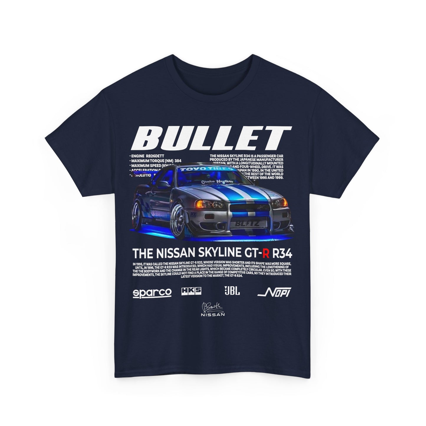 Premium navy T-shirt showcasing an eye-catching graphic of the Nissan Skyline GT-R R34, highlighting performance stats and automotive branding, perfect for a classy look.
