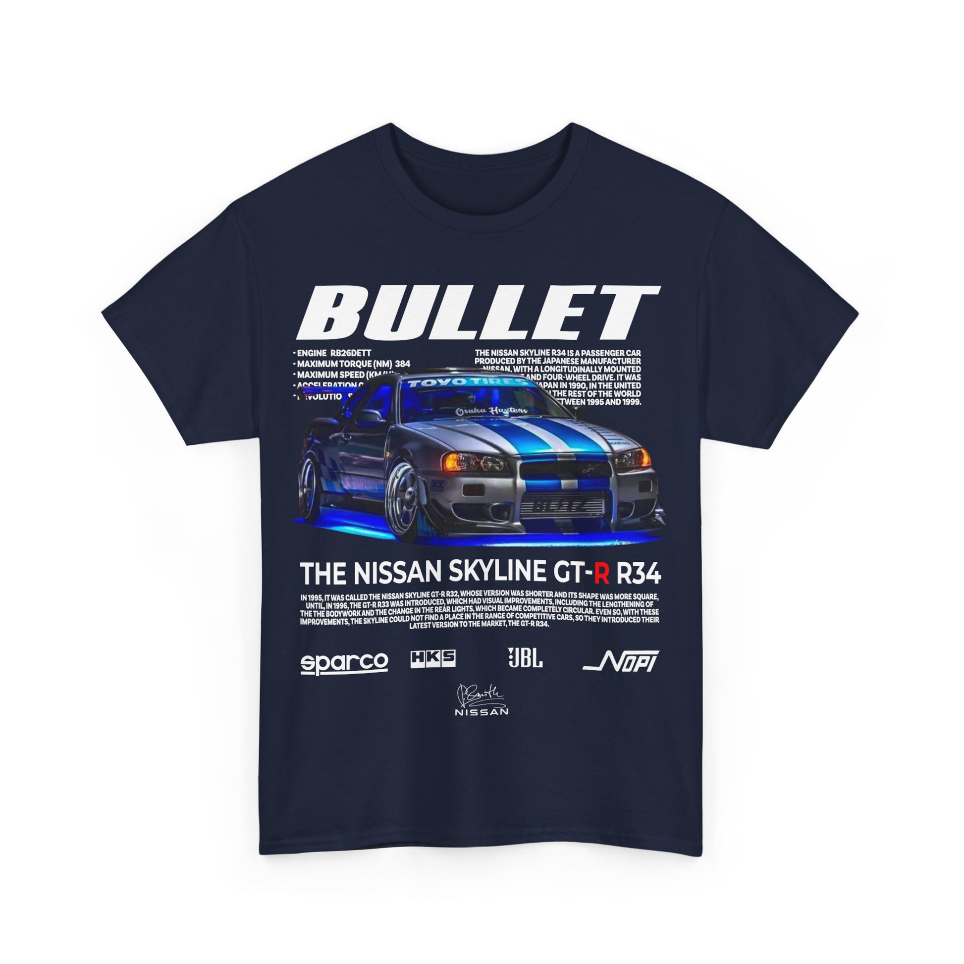 Premium navy T-shirt showcasing an eye-catching graphic of the Nissan Skyline GT-R R34, highlighting performance stats and automotive branding, perfect for a classy look.