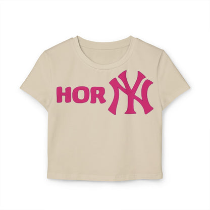 Playful Yankees Women's Cropped T-Shirt featuring a cheeky magenta design with 'NY' and playful word 'HOR' - perfect for flaunting your fun side!