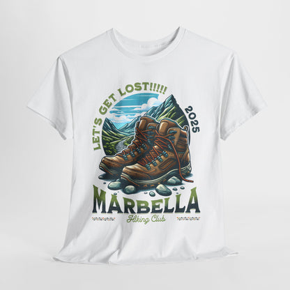 Marbella Hiking Club Unisex Graphic Tee in classic white, featuring a captivating image of hiking boots set against rolling hills, the epitome of adventure-ready luxury.