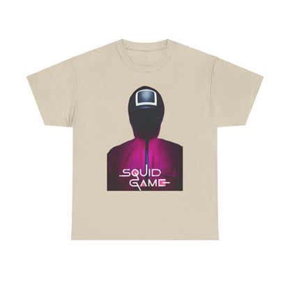 Luxurious Squid Game themed graphic t-shirt designed for unisex wear, featuring a striking print of the iconic red and black masked character on a stylish beige background.