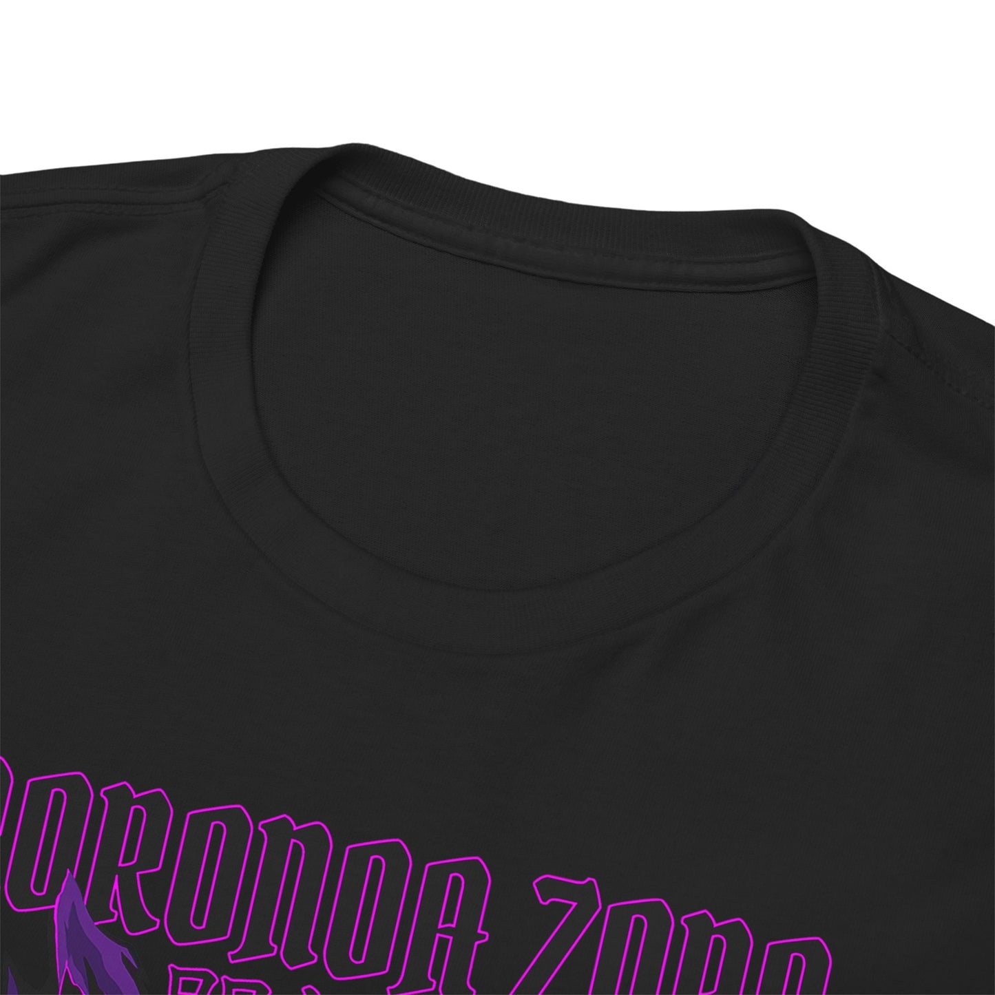 Close-up of the neckline on the Epic Roronoa Zoro graphic tee, showcasing its premium fabric and stylish design with purple typography.