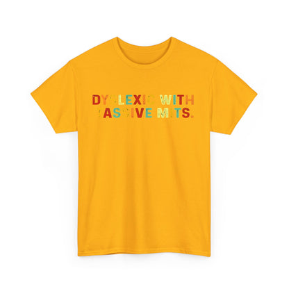 Front view of the 'Dyslexic With Tice Nits' luxury cotton tee featuring a bold, multi-coloured text design against a rich yellow backdrop.