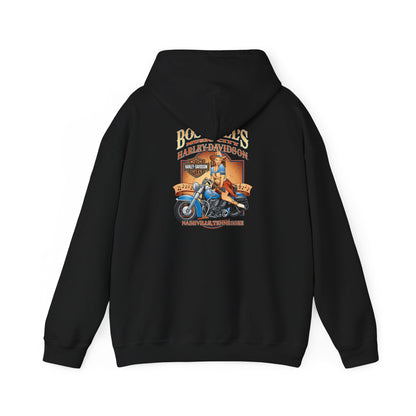 Stunning black hoodie adorned with a vivid graphic print of a vintage Harley-Davidson design, combining luxury and classic motorcycle culture.