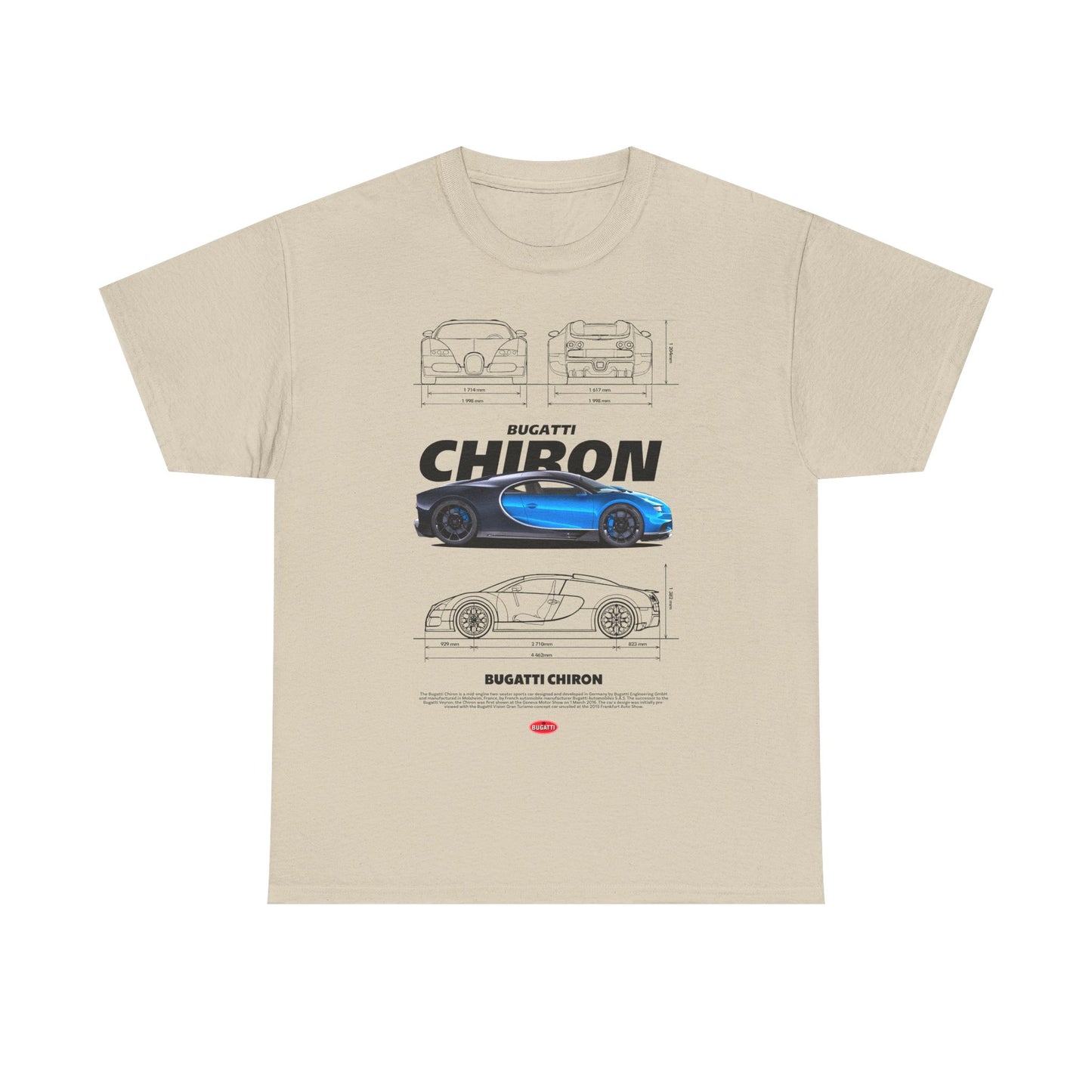 Men's beige t-shirt featuring a captivating Bugatti Chiron graphic, demonstrating luxurious design with precise automotive details.