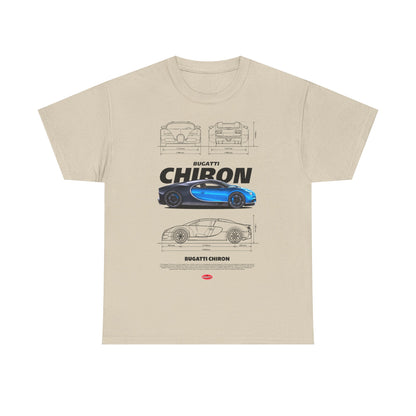 Men's beige t-shirt featuring a captivating Bugatti Chiron graphic, demonstrating luxurious design with precise automotive details.