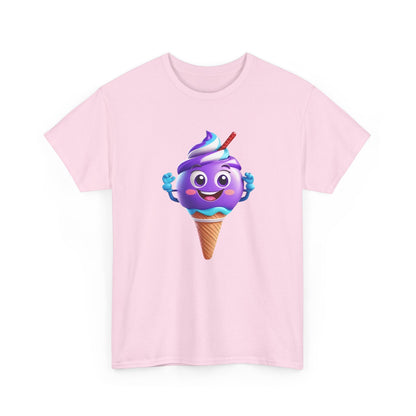 Scoop of Joy: Cartoon Ice Cream Cone Character Tee on a pink unisex cotton graphic T-shirt displaying a joyful purple ice cream character.