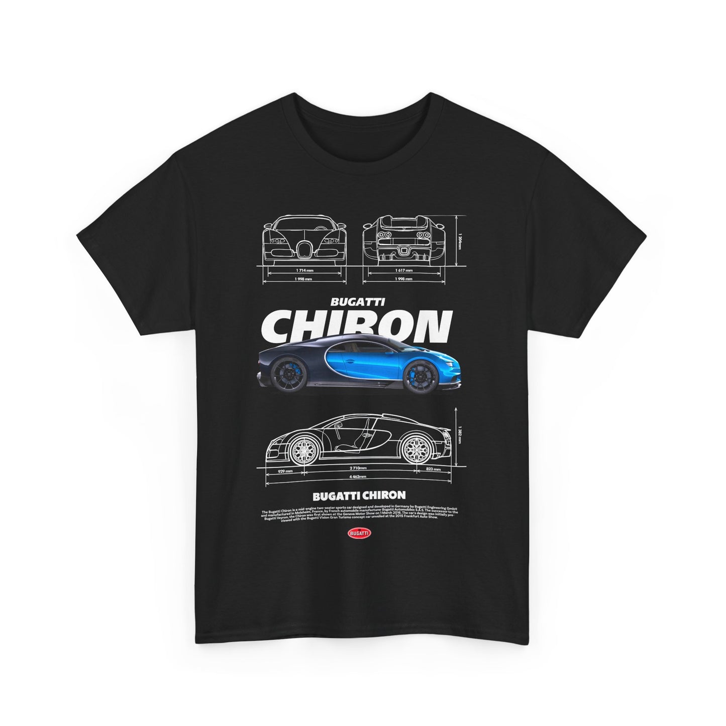 Luxuriously designed black t-shirt featuring an artistic graphic of the Bugatti Chiron, emphasising automotive excellence and sophisticated style.