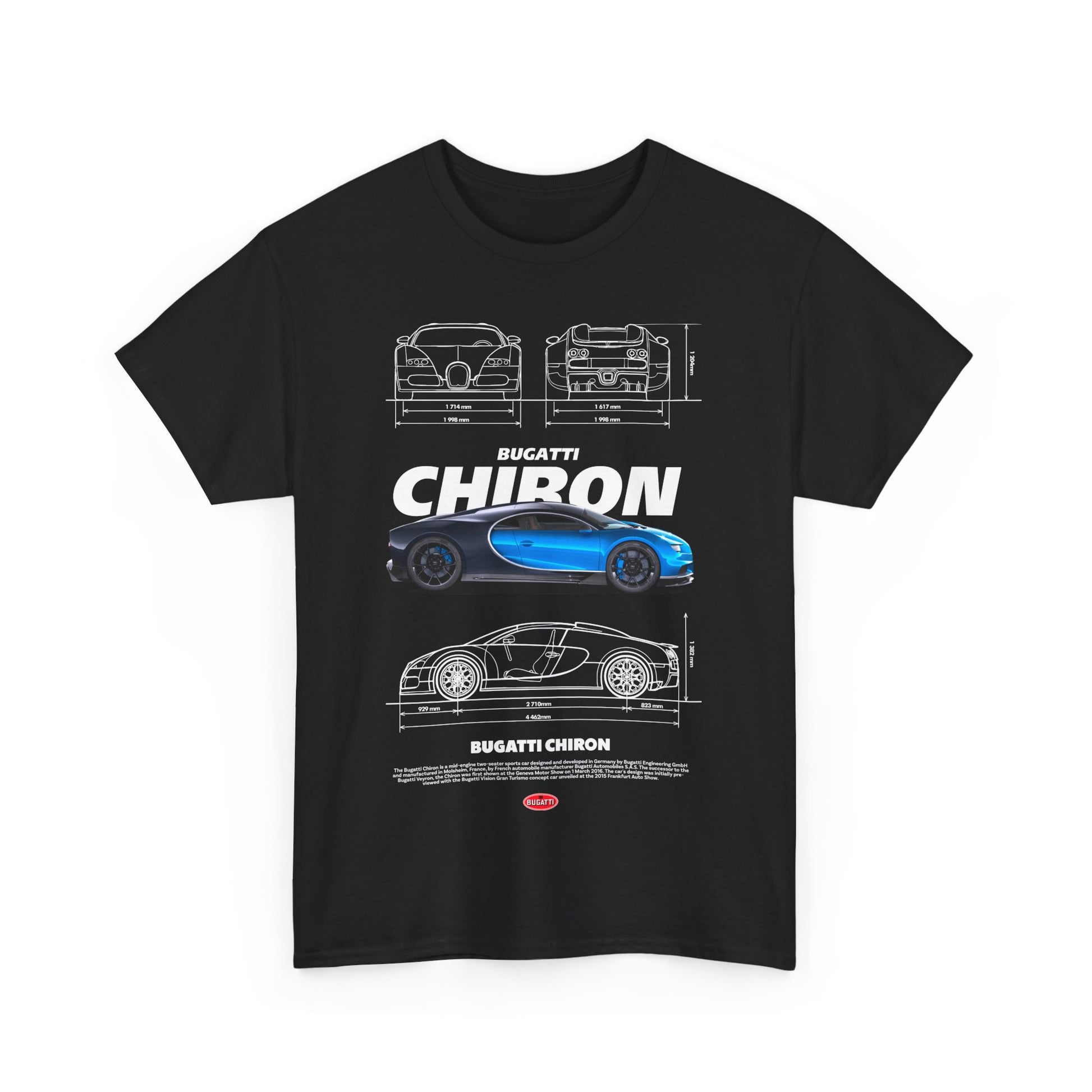 Luxuriously designed black t-shirt featuring an artistic graphic of the Bugatti Chiron, emphasising automotive excellence and sophisticated style.