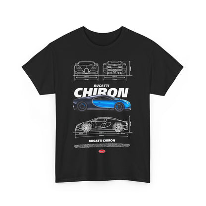 Luxuriously designed black t-shirt featuring an artistic graphic of the Bugatti Chiron, emphasising automotive excellence and sophisticated style.