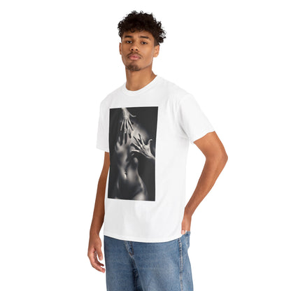 Sophisticated male model showcasing a premium graphic t-shirt with a captivating black-and-white print of hands on a nude torso, embodying contemporary fashion and avant-garde style.