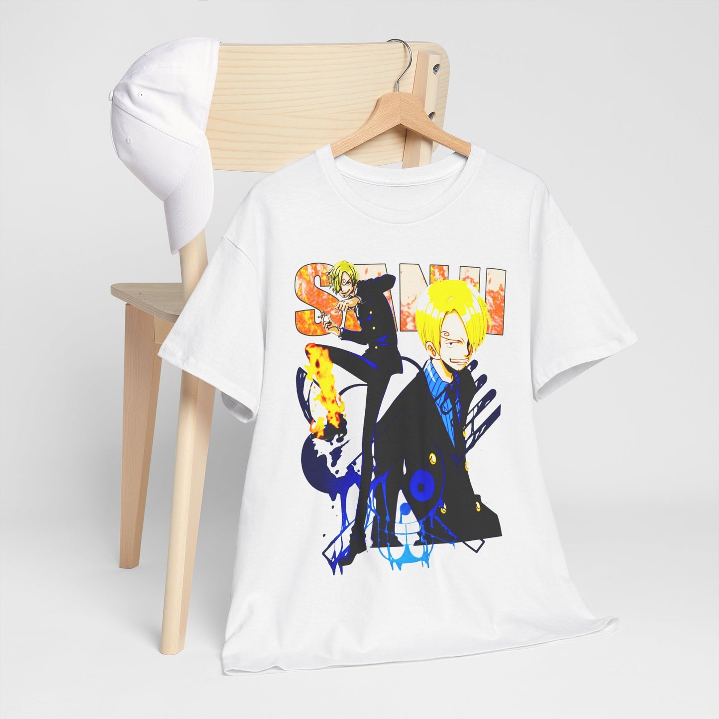 Chic anime-themed t-shirt elegantly displayed on a hanger, illustrating vibrant graphics of Sanji, perfect for fashionable anime enthusiasts.