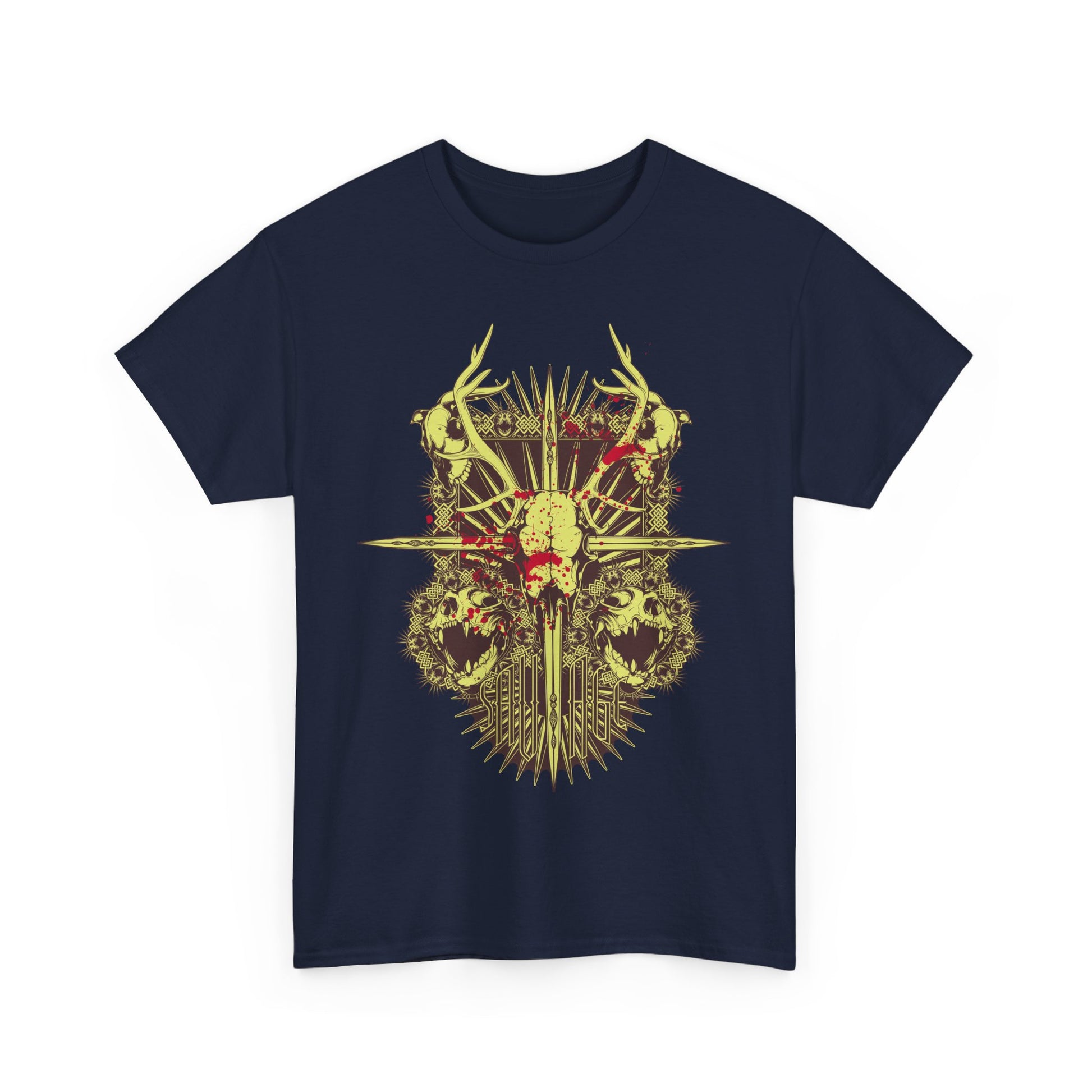 Chic navy men's t-shirt adorned with an intricate artistic skull and antlers design, set against a rich navy background, exuding a sense of adventure and uniqueness.