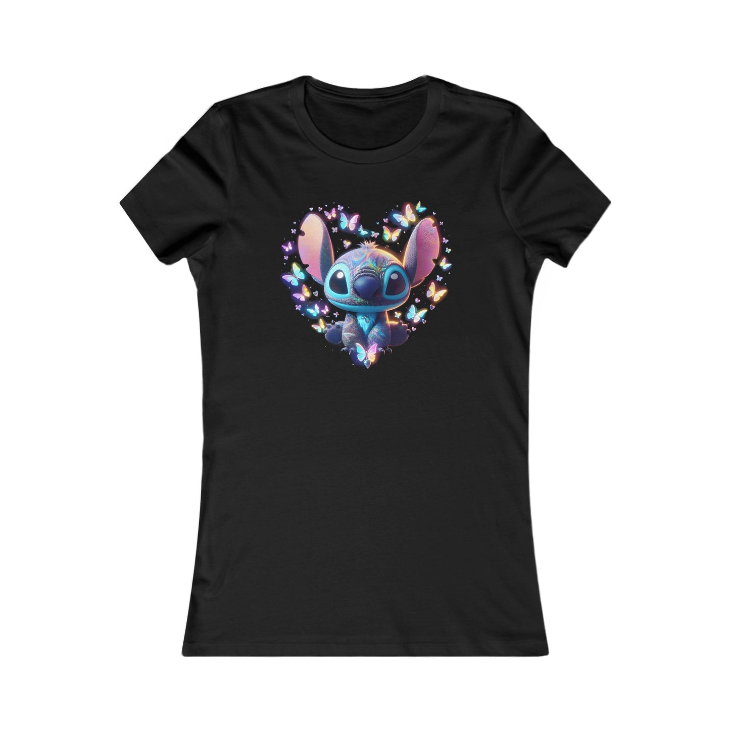 Luxury Stitch Heartbeat Women's Cotton T-Shirt featuring iridescent artwork of a beloved character surrounded by vibrant butterflies, elegantly designed for a stylish and whimsical look.