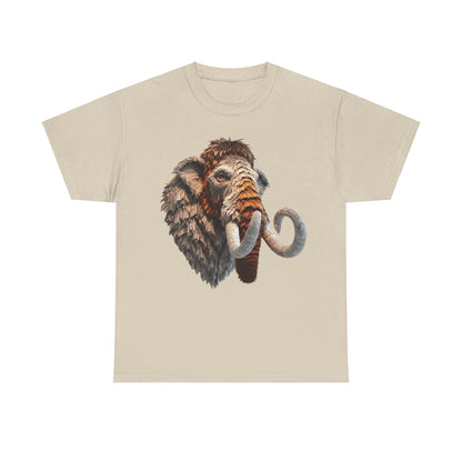 Mammoth Majesty Unisex Graphic Tee in beige, featuring an artistic depiction of a mammoth created with unique newspaper design, showcasing intricate texture and detail, ideal for fashion enthusiasts seeking luxury and creativity.