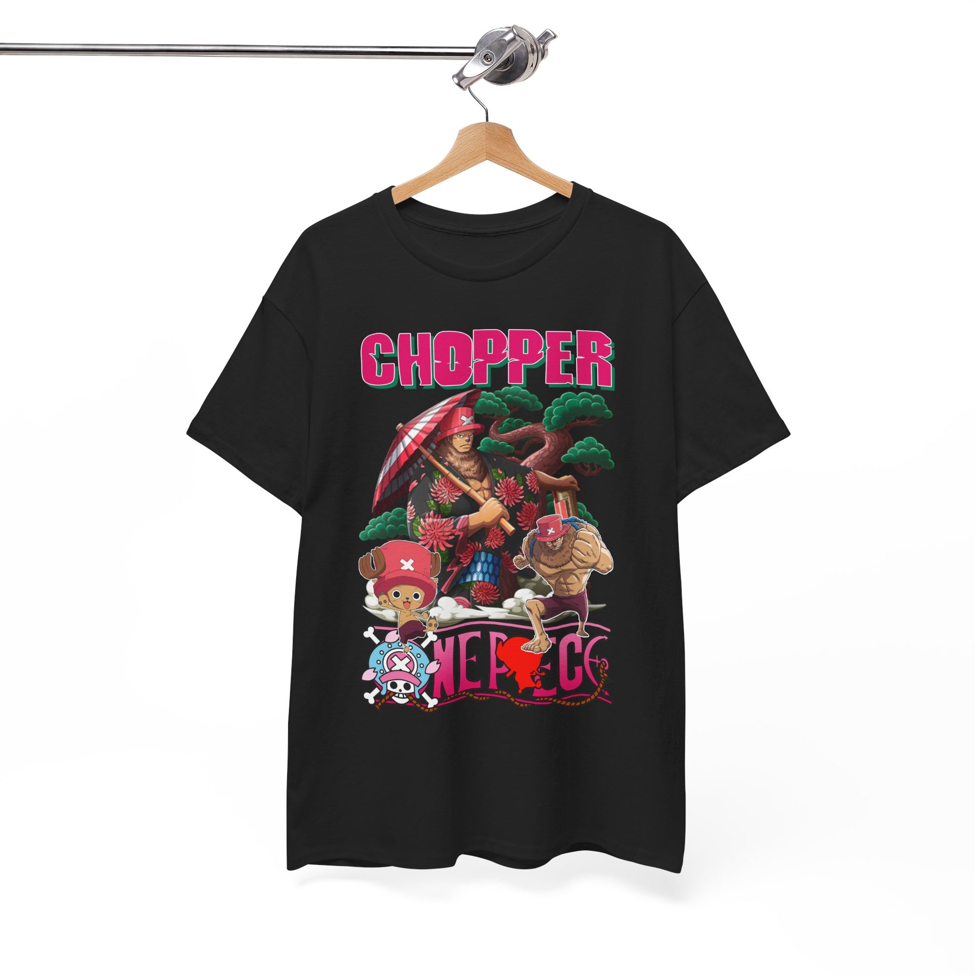 Elegant Chopper & Friends Anime Graphic Tee displayed on a wooden hanger, highlighting intricate artwork of charming characters surrounded by lush greenery.