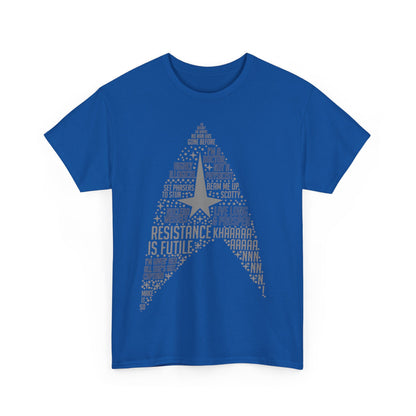 Front view of the elegant Star Trek Federation Logo Art Graphic Unisex T-Shirt Tee in royal blue, featuring iconic phrases from the Star Trek universe.