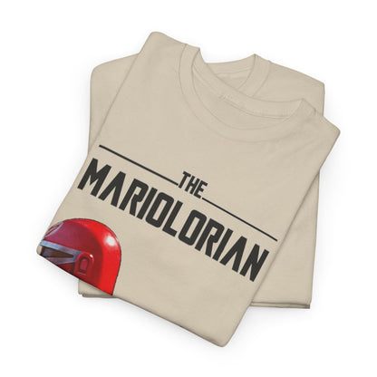 Exquisite folded 'Mariolorian' graphic t-shirts, showcasing the unique design with a close-up of a helmeted hero, ideal for stylish casual wear.