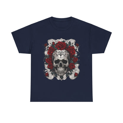 Refined Skulls and Roses Cotton Tee in navy blue featuring a stunning graphic of a skull and roses, perfect for making a bold yet elegant fashion statement.
