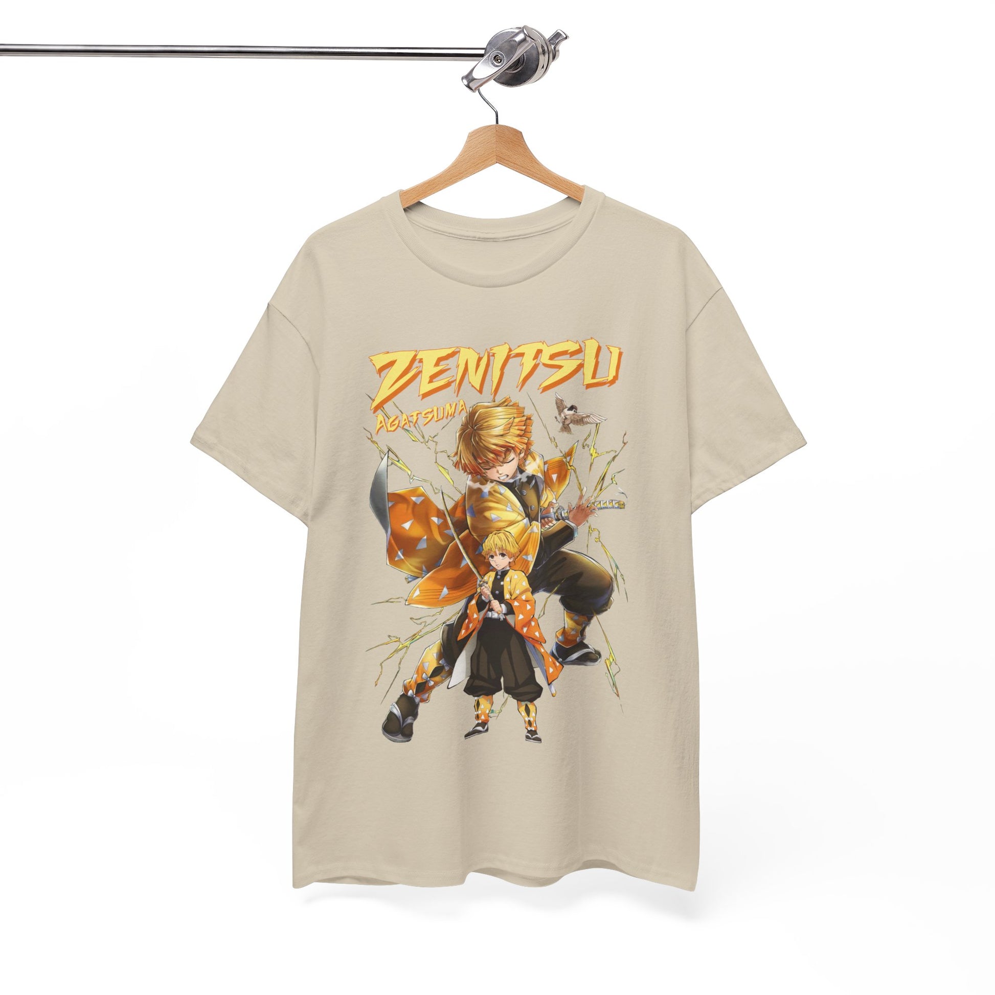 Zenitsu Agatsuma t-shirt hanging on a hanger, featuring bold colours and intricate anime art, perfect for fashionable anime enthusiasts.