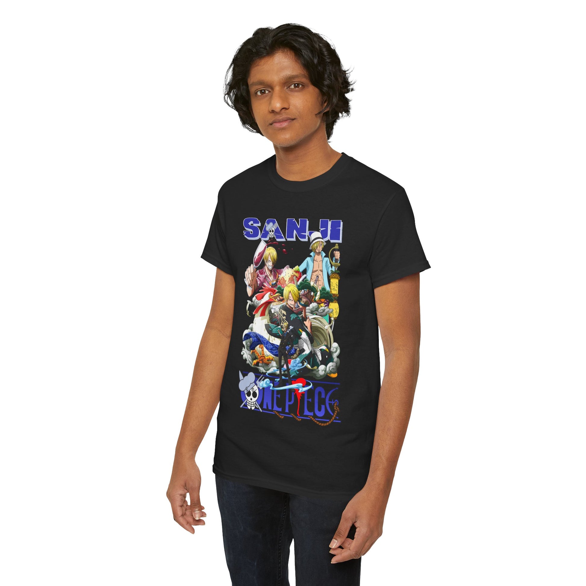 Elegant male model wearing a stylish black t-shirt featuring a captivating graphic of Sanji from One Piece, perfectly combining comfort and luxury.