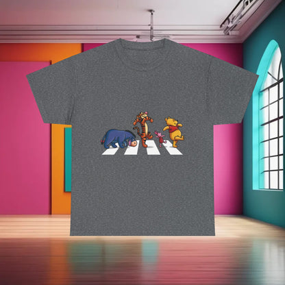 Premium Pooh and Friends Abbey Road Graphic T-Shirt in dark grey, highlighting the charming Disney characters in an iconic urban setting.
