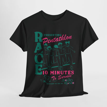 Luxurious black graphic tee featuring vibrant design inspired by Squid Game, showcasing the words 'RACE presenting Pentathlon 10 Minutes To Survive', ideal for fashion-forward individuals seeking a statement piece.