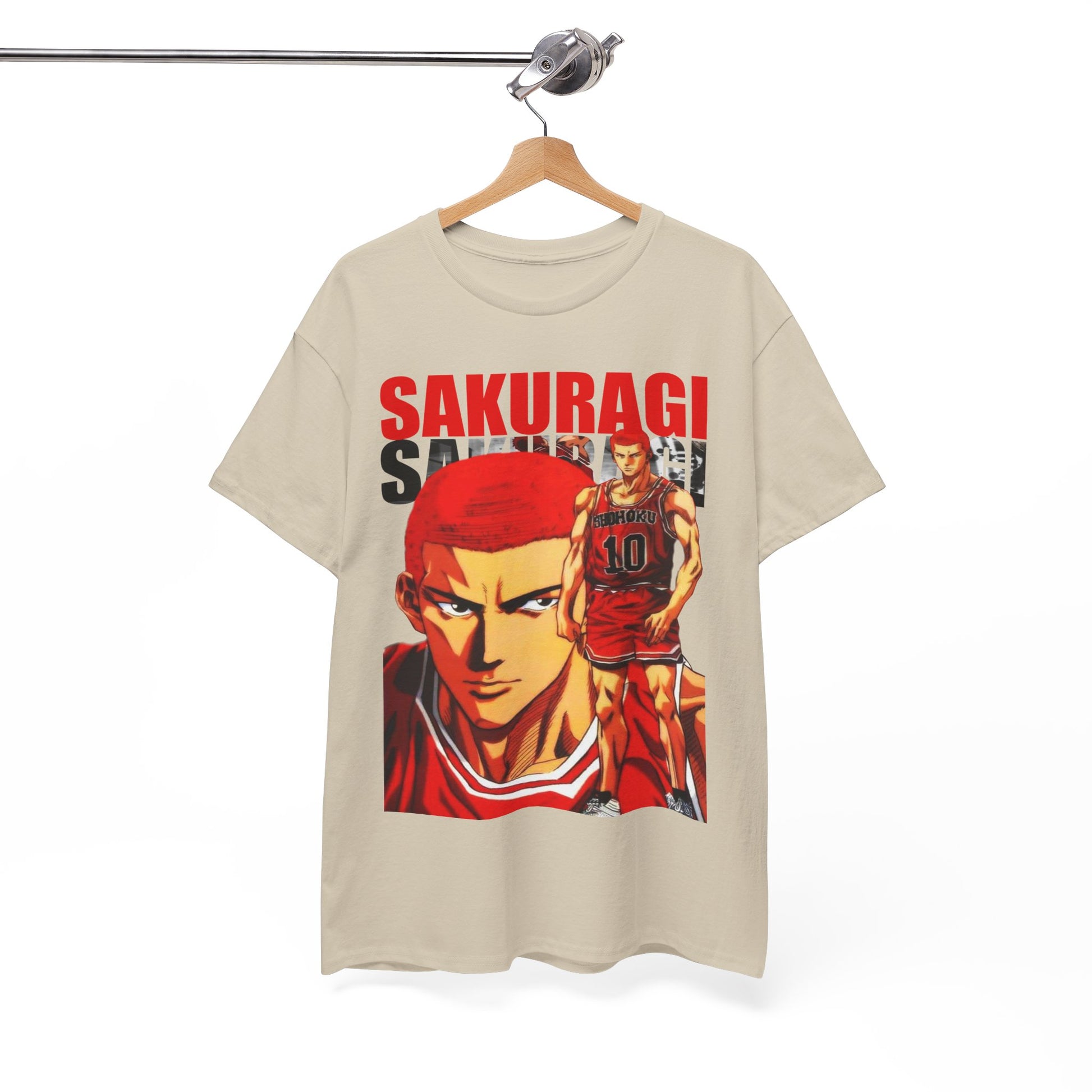 Chic presentation of the Sakuragi t-shirt hanging, featuring bold anime character artwork that embodies luxury and modern style.