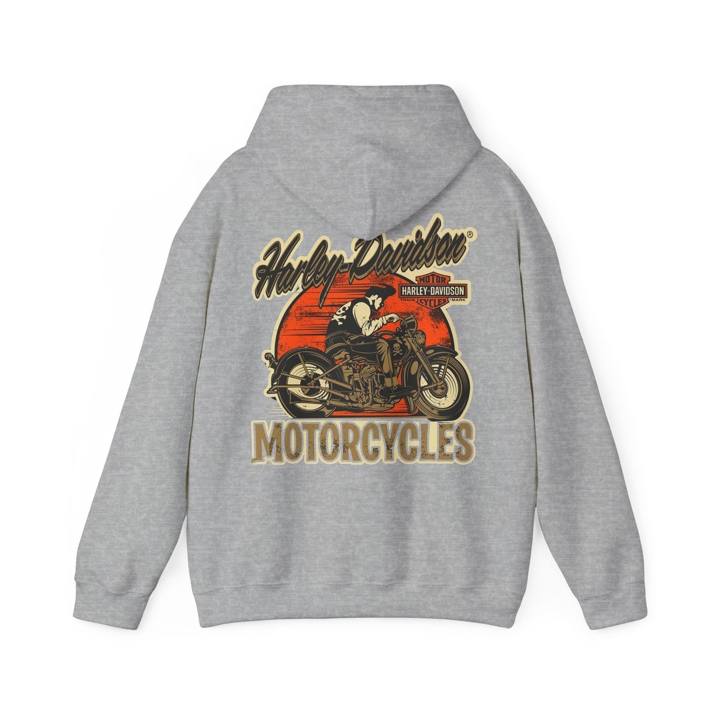 Elegant grey vintage Harley-Davidson hoodie showcasing a striking motorcycle design with prominent branding, ideal for adding a touch of adventure to your wardrobe.