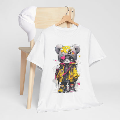 Stylish white tee with a vibrant panda bear design, elegantly showcased on a wooden hanger, exuding contemporary street style sophistication.