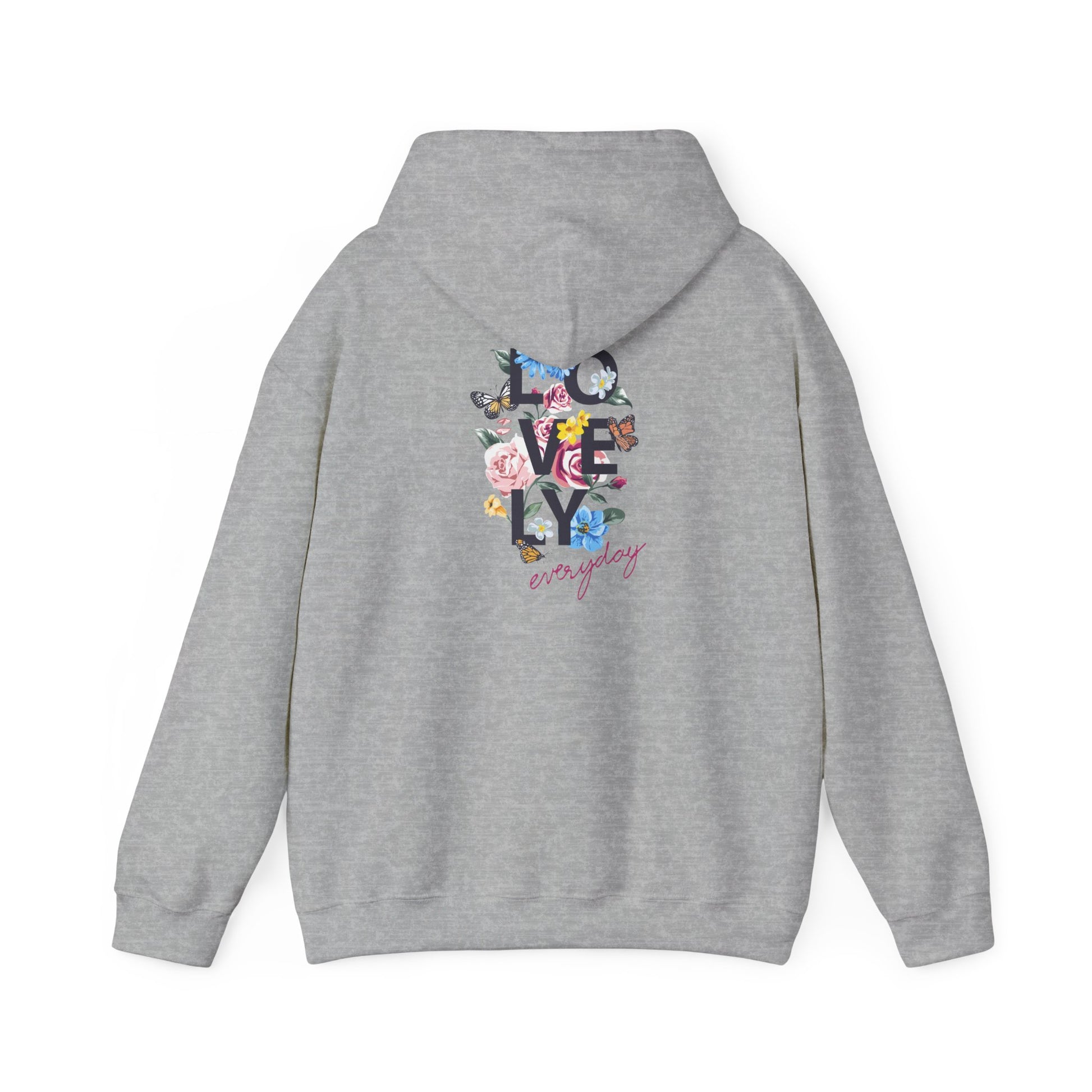 Stylish grey hoodie with vibrant floral graphics on the back, featuring the word 'LOVELY' accompanied by colourful blossoms and butterflies.