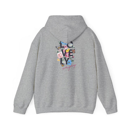 Stylish grey hoodie with vibrant floral graphics on the back, featuring the word 'LOVELY' accompanied by colourful blossoms and butterflies.
