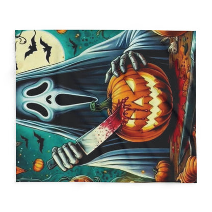 Close-up of a Decorative and Warm Halloween Spooky Scream Arctic Fleece Blanket, focusing on the vivid spooky imagery of a ghost and a jack-o'-lantern.