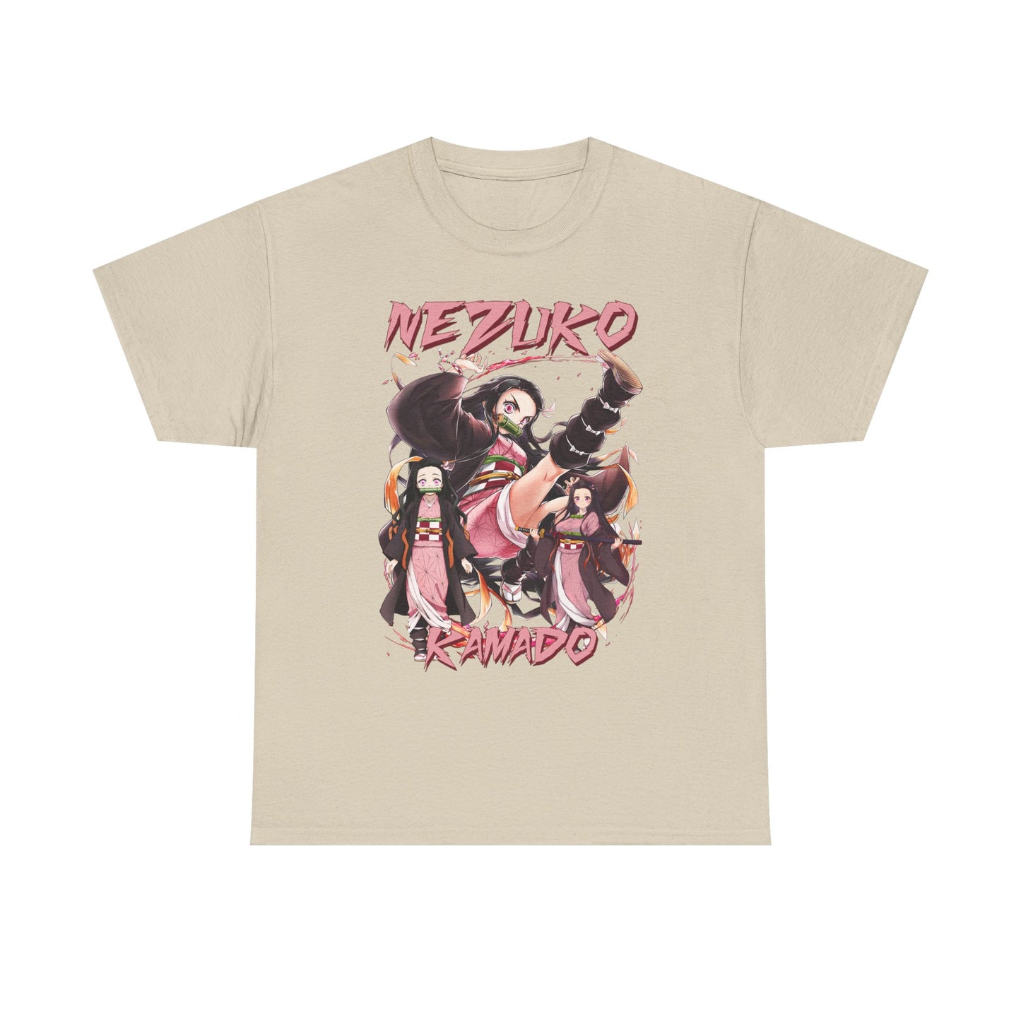 Sophisticated beige Nezuko Kamado T-shirt displaying a captivating anime graphic of Nezuko in multiple poses, crafted for comfort and style, a must-have for collectors.
