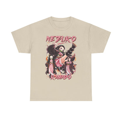 Sophisticated beige Nezuko Kamado T-shirt displaying a captivating anime graphic of Nezuko in multiple poses, crafted for comfort and style, a must-have for collectors.