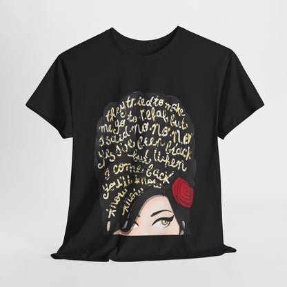 Amy Rehab Lyrics Graphic Tee showcasing an artistic design of a woman's face with handwritten lyrics, crafted from luxurious unisex cotton fabric, perfect for an edgy contemporary look.