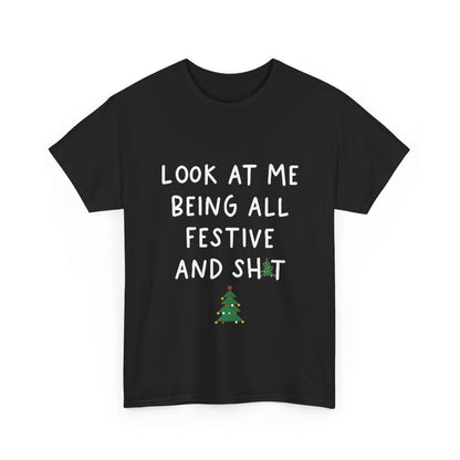 Front view of the Sarcasm Xmas Christmas Graphic T-Shirt in black, highlighting the humorous graphic text and iconic festive tree motif.