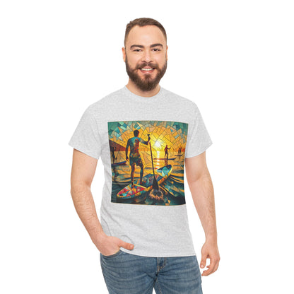 Elegant display of the Luxury Paddleboarding Scene T-Shirt by Dazzling Dreams Studio on a hanger, underlining its luxury appeal and vibrant paddleboarding art.
