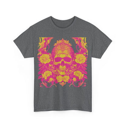 Vibrant front view of the Skulls and Roses Cotton Tee, showcasing a striking steampunk design with skull and floral motifs, ideal for edgy fashion enthusiasts.